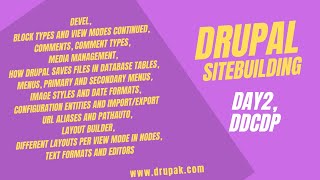 Drupal Day 2, Devel, Comment types, Media, Menus, Config Entities, Pathauto, Layout Builder