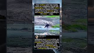 Clear shallow water laps muddy banks as a wildebeest stands half-submerge#foryou #fyp #animals#funny