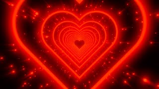 Neon tunnel of red hearts on a starry black background. Video Loop