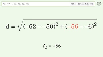 Find the distance between two points p1 (-50,-6) and p2 (-62,-56): Step-by-Step Video Solution