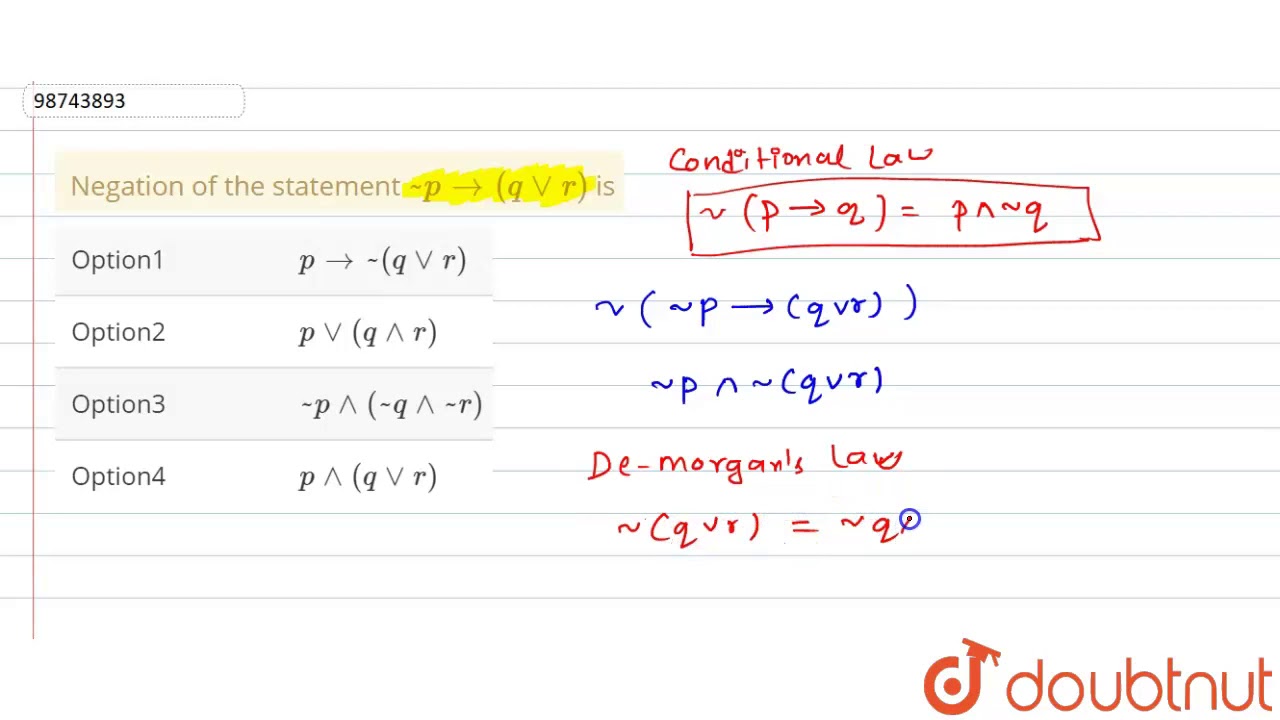 Negation Of The Statement P To Q Vv R Is Youtube