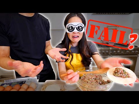 Making Chinese Dumplings BLINDFOLDED! COUPLES COOKING CHALLENGE!