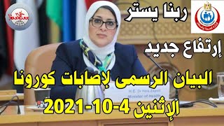 بيان وزارة الصحة اليوم الاثنين 2021/10/4 عن إصابات ووفيات كورونا فى مصر