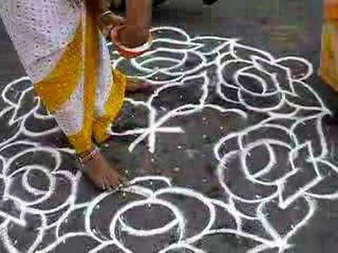 Mylapore Festival is conducted every year in January 2007 at Chennai. One of the event is the Kolam Competition. On North Mada Street, women participate in a Kolam Contest. Kolam is an art form which is practiced in India. In southern parts, kolam is drawn with the aid of a series of dots and lines passing through these dots. Kolam is drawn usually with rice flour. Rangoli is also a variety of Kolam but it is colourful. The contestants are judged on the basis of the Kolams drawn by them on the North Mada Veedhi at Mylapore.