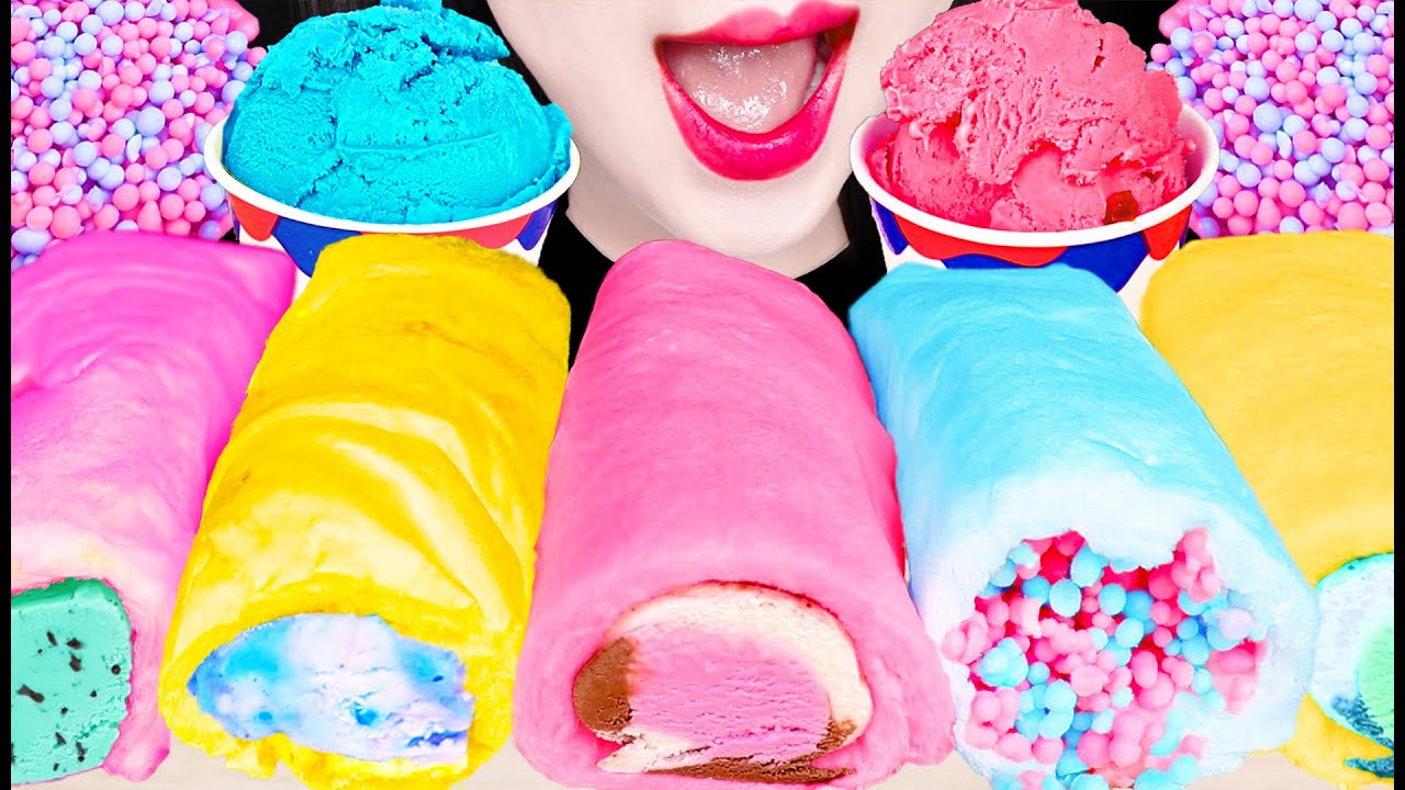 ASMR COTTON CANDY WRAPPED ICE CREAM 솜사탕 아이스크림 먹방 EATING SOUNDS