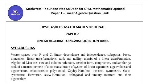 Download Complete Linear Algebra Topic wise Question Bank for Upsc IAS IFoS Maths optional