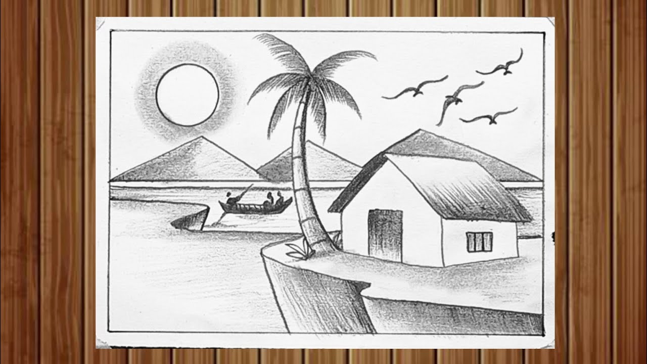 How to draw a very easy scenery drawing with pencil - YouTube