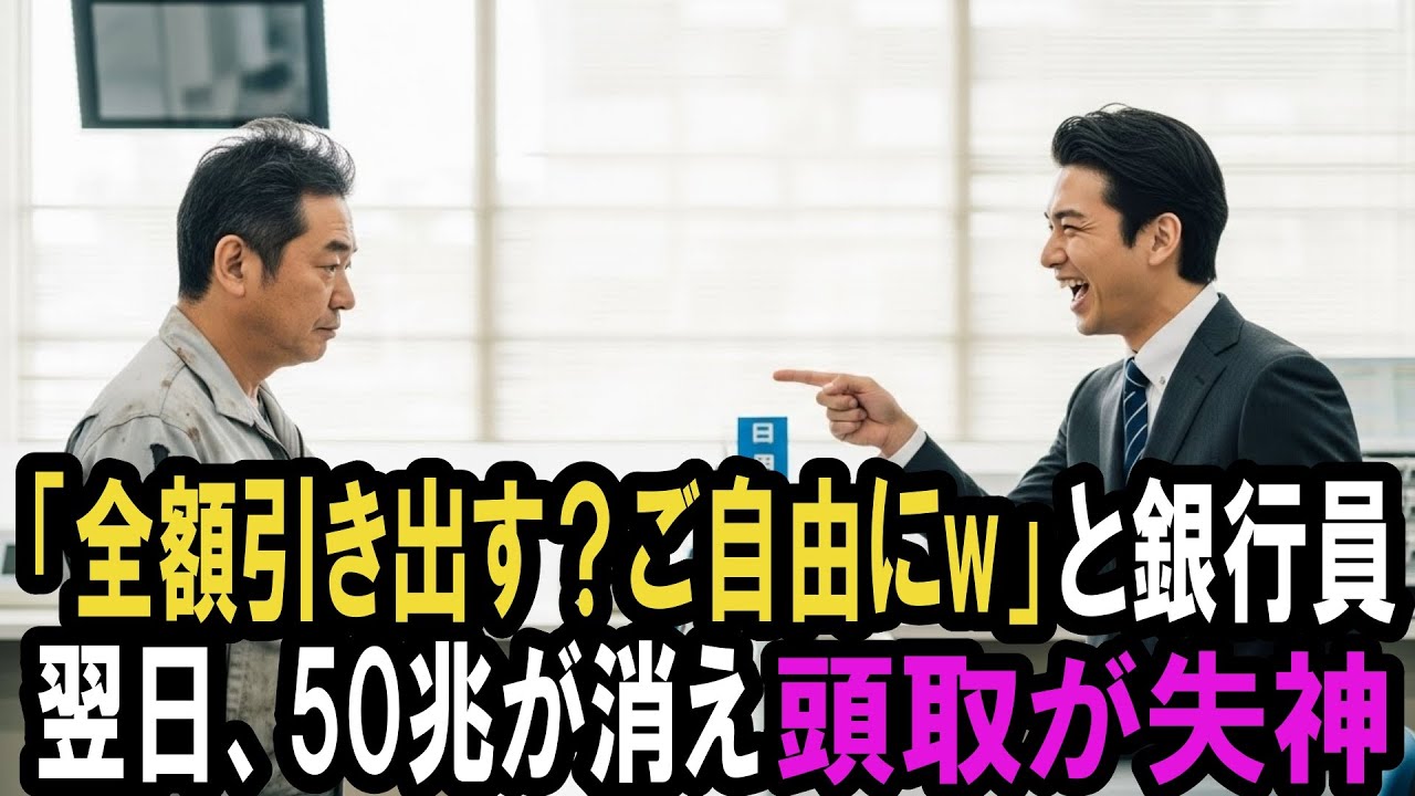「全額引き出す？ご自由すればオジサンw」とボロボロの作業服の中年男を罵倒したエリート銀行員。翌日、50兆が消えて頭取が失神した」