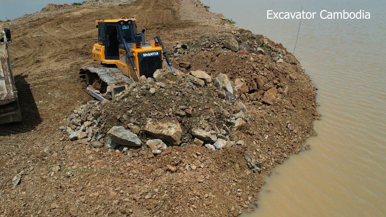Amazing Working Heavy Bulldozer Pushing Big Rock Building Foundation ...