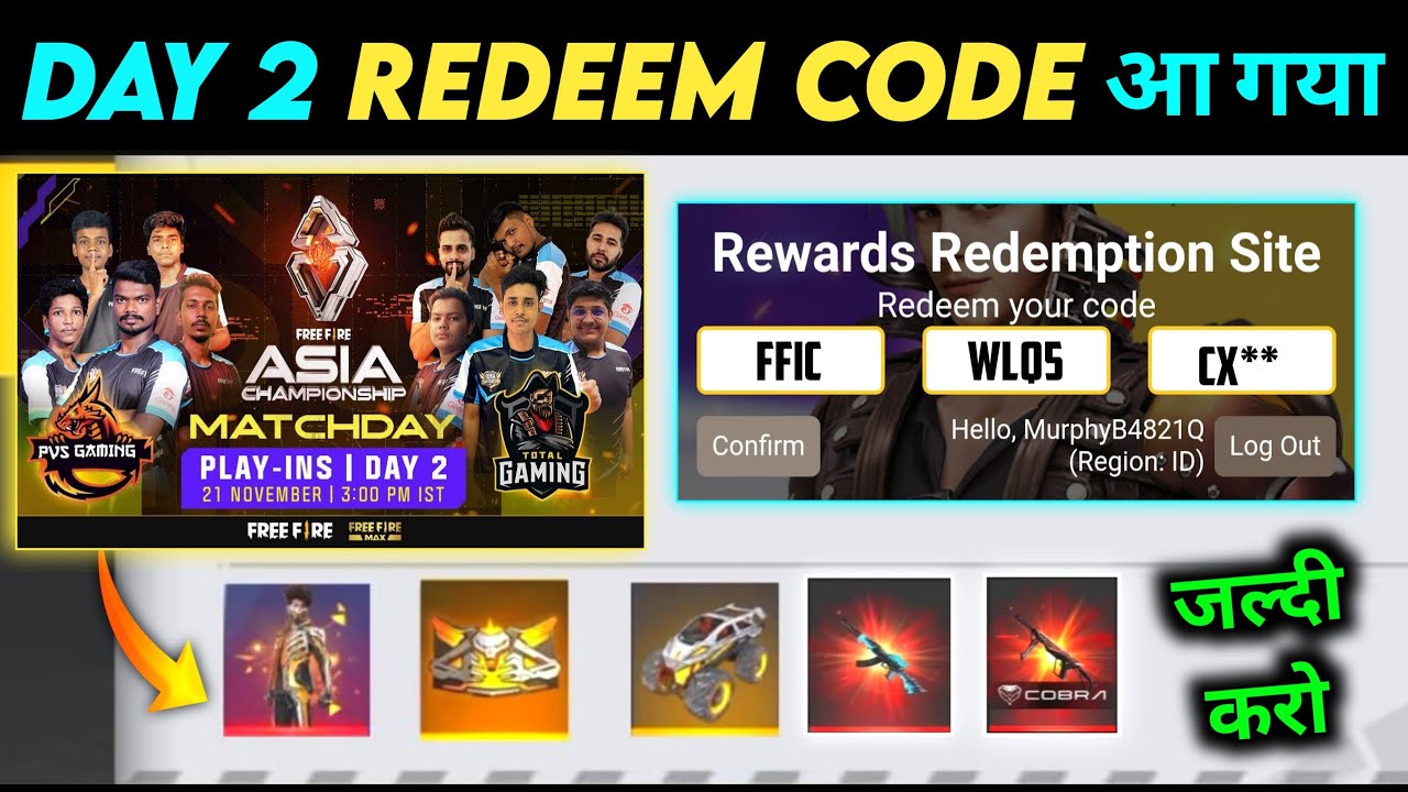 Today Asia Championship Day 2 Redeem Code Free Fire 21 November Free Fire 21 November Redeem 