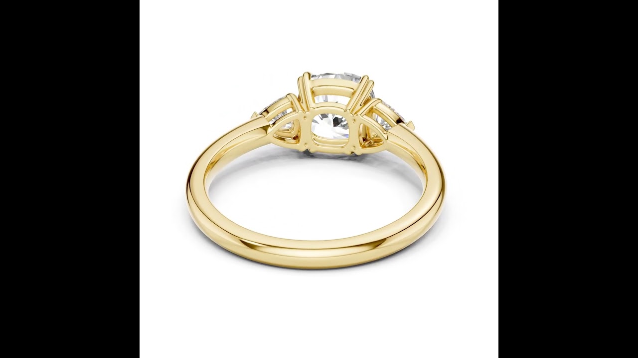 Cushion Cut Three Stone Wedding Ring With Trillion Side Diamonds