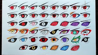 رسم جميع عيون الشارينجان والرينيجان والبياكوجان والكيتسوريوجان والدوجوتسو من سلسلة ناروتو وبوروتو