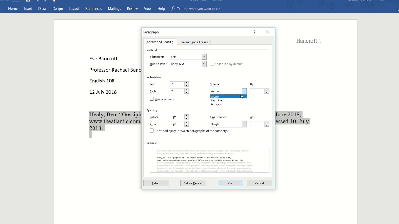 how to hang indent a works cited entry - YouTube