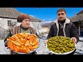 EVERYWHERE IS COVERED WITH SNOW AND GRANDMA COOKING GRAPE LEAF DISH DOLMA IN OUR VILLAGE