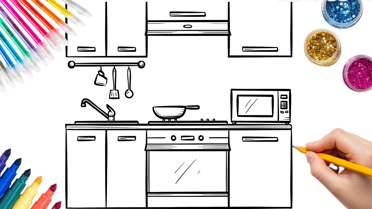 Easy Kitchen Drawing and Coloring | Cozy Home Drawing Lessons for Kids | Draw with Mila