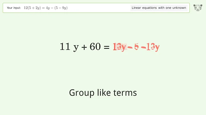 Linear equation with one unknown: Solve 12(5+2y)=4y-(5-9y) step-by-step solution