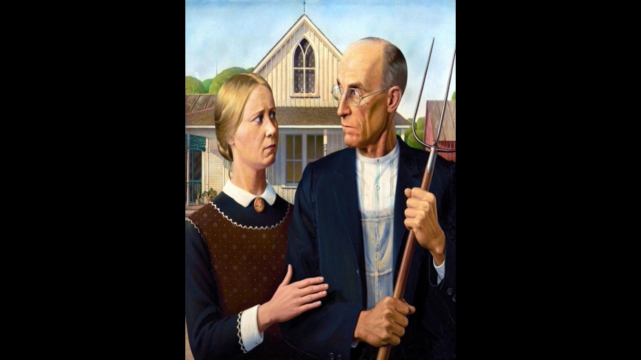 "Get off my lawn!"type of situation over here, Grant Wood, American Gothic  