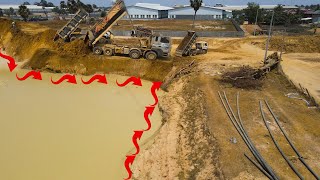 Incredible Big Bulldozer Komatsu D58p Pushing Dirt Drop In Deep Water With Dumper Truck Unloading