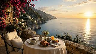 Luxury Mediterranean Breakfast Terrace at Sunrise | Ocean Waves & Peaceful Morning Ambience