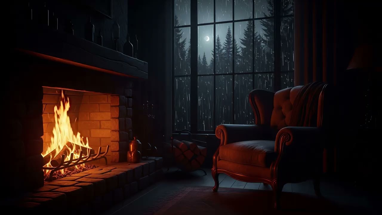 Heavy Rain & Crackling Fireplace 🔥🌧️ Relaxing Storm Night Ambience | 4K