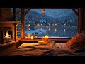 Cozy room lakeside with relaxing piano and snowfall fireplace sounds white noise asmr sleep