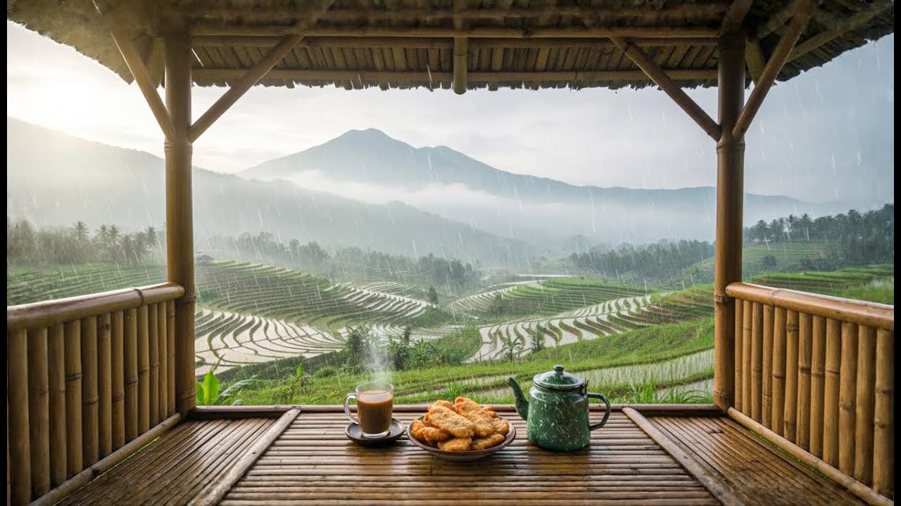 Heavy Rain in the Middle of Rice Fields 🌧️ Peaceful Bamboo Hut Ambience (Java Village) 4K