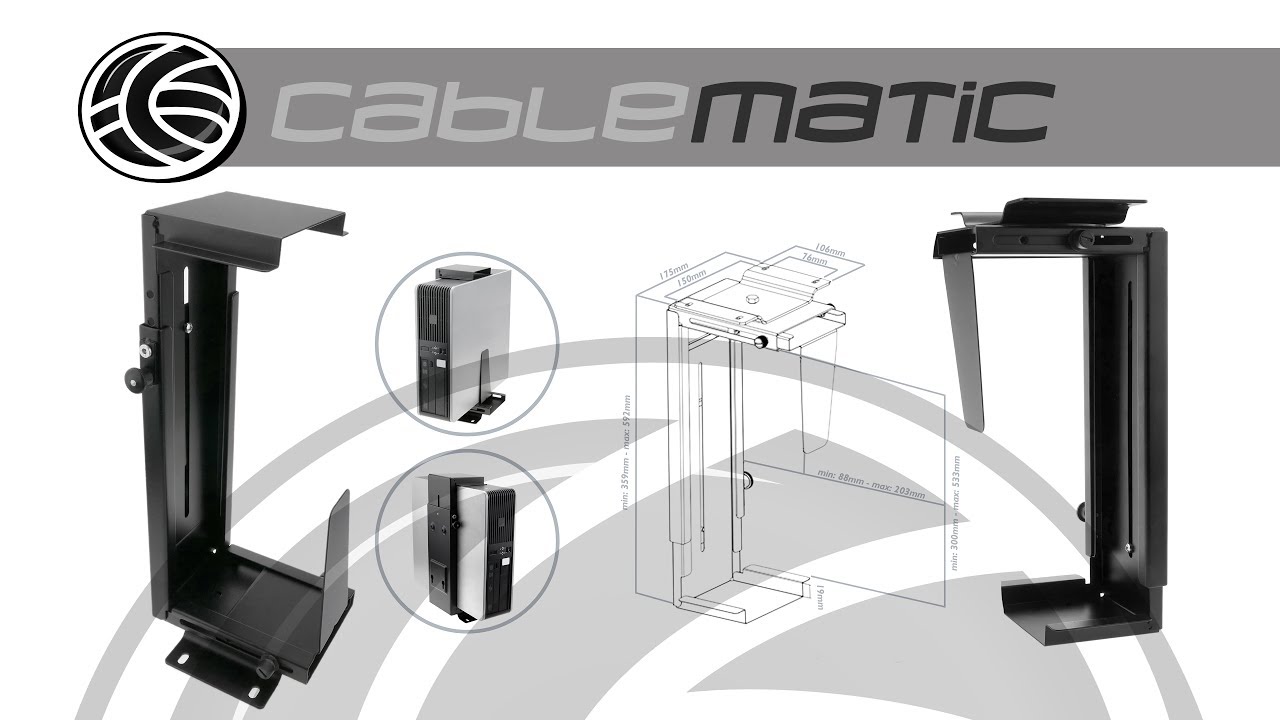 Soporte de caja de ordenador bajo mesa o fijación a pared ajustable -  distribuido por CABLEMATIC ® 