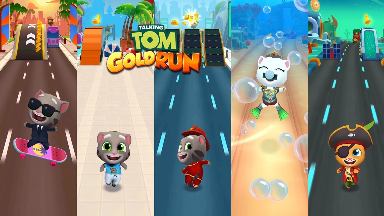 Talking Tom Gold Run Skateboard vs Water Park vs Cyber City vs Underwater vs Wacky Planet Gameplay