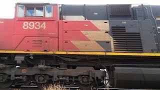 CN intermodal train with EMD & GE power leaving the siding. 3/12/18