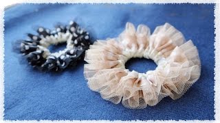 フリルたっぷりシュシュの作り方／100均リボン&フリルを手縫い☆　diy scrunchie tutorial