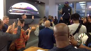 Kanye West Gives Speech on Table in Georgetown Apple Store