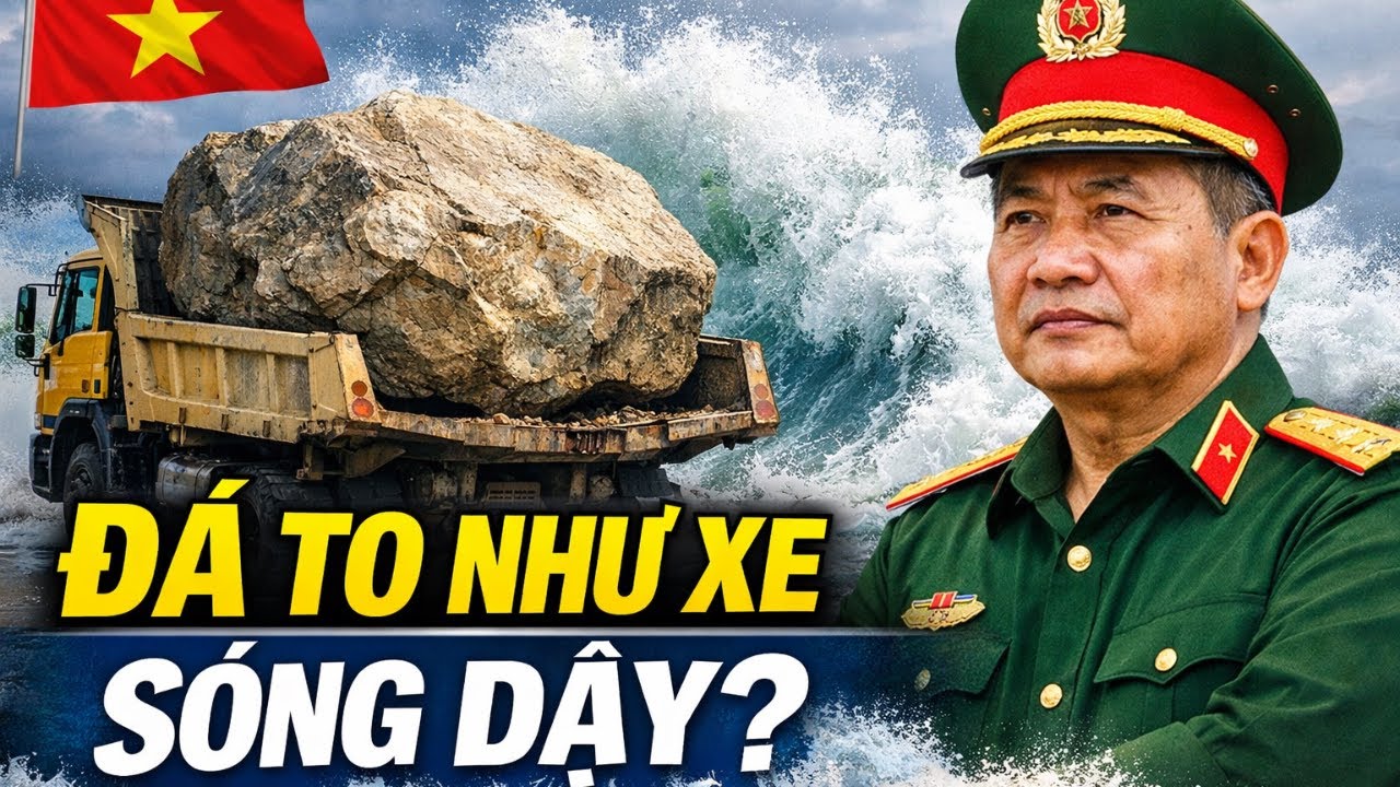 KHỐI ĐÁ TO NHƯ XE HƠI KẸT TRÊN THÙNG XE BEN – CHỈ MỘT CÚ GIẬT, SÓNG BIỂN DẬY TRẮNG TRỜI!