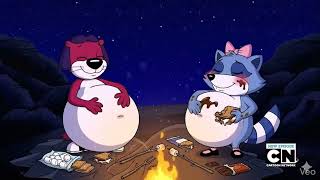 Jelly Otter and Pinch Raccoon Eating S'mores at Campfire