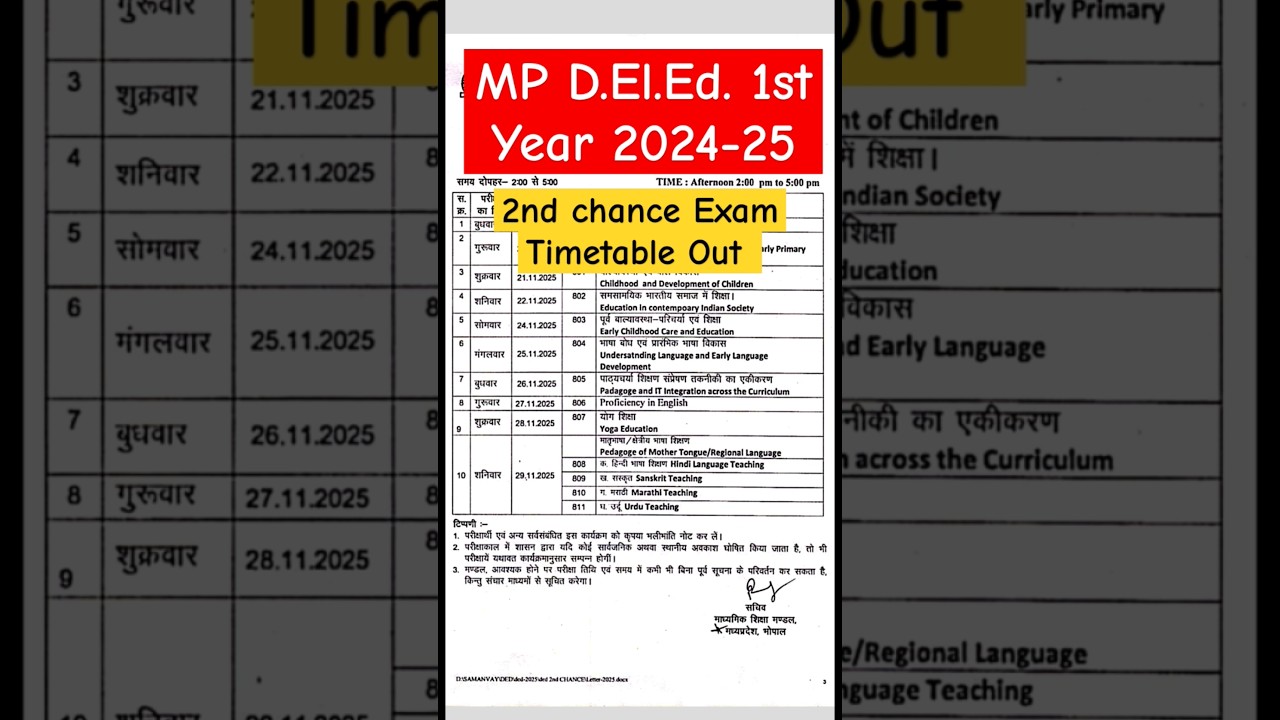 MP D.El.Ed. 1st Year 2024-25 2nd chance exam timetable out 