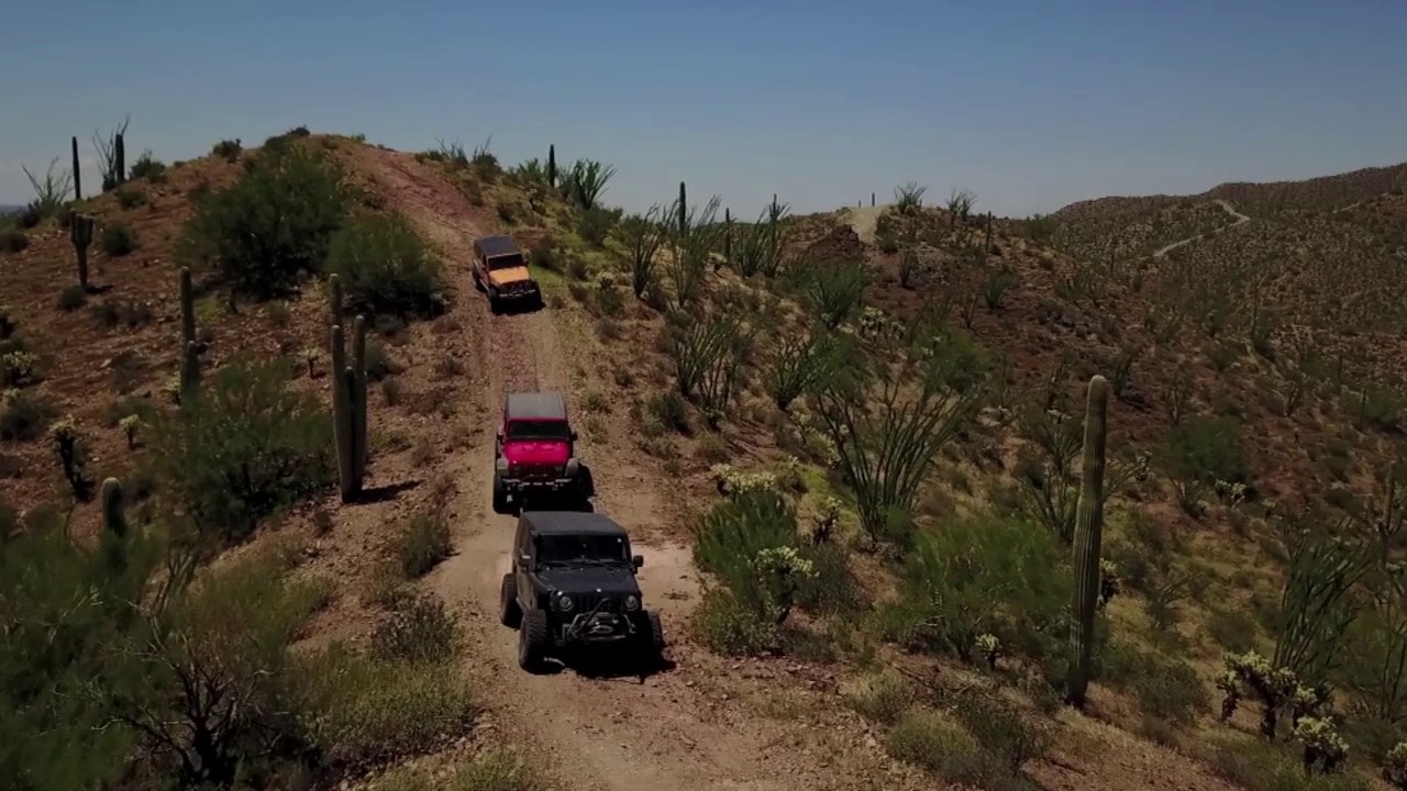 Jeeps running Box Canyon in Florence, Arizona with DJi Drone following