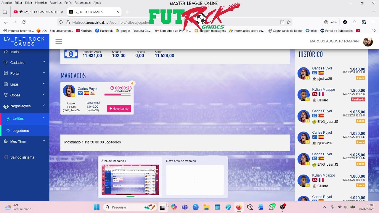 LEILÃO DE FEVEREIRO - MASTER LEAGUE FUTROCK EFOOTBALL