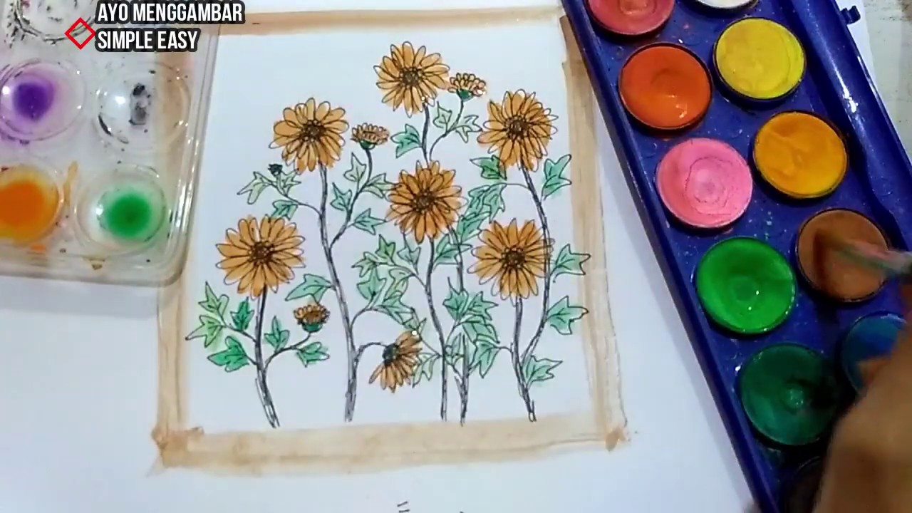 Melukis Bunga Matahari Dengan Cat Air Draw Sunflowers With Watercolor Youtube