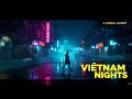 Reflections of street lights on wet roads in Vietnam