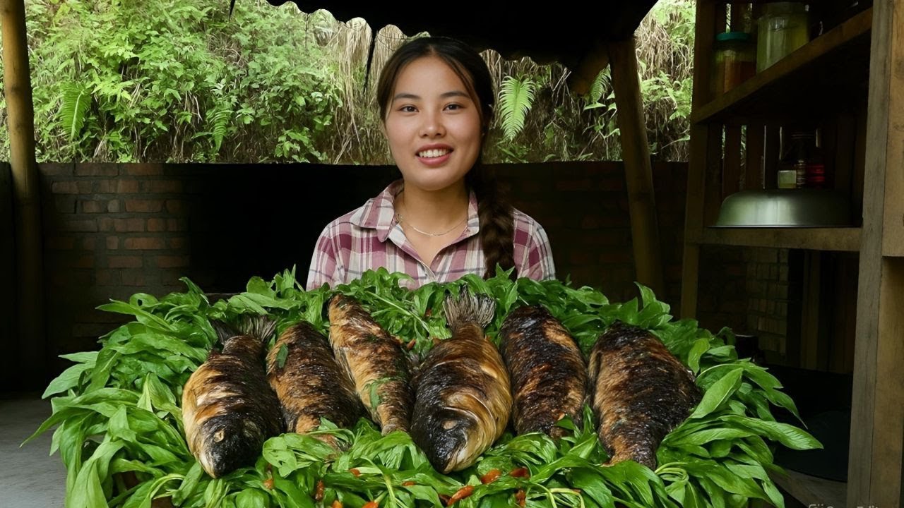 Harvesting water spinach garden to sell at market - Grilling giant fish to feed two children