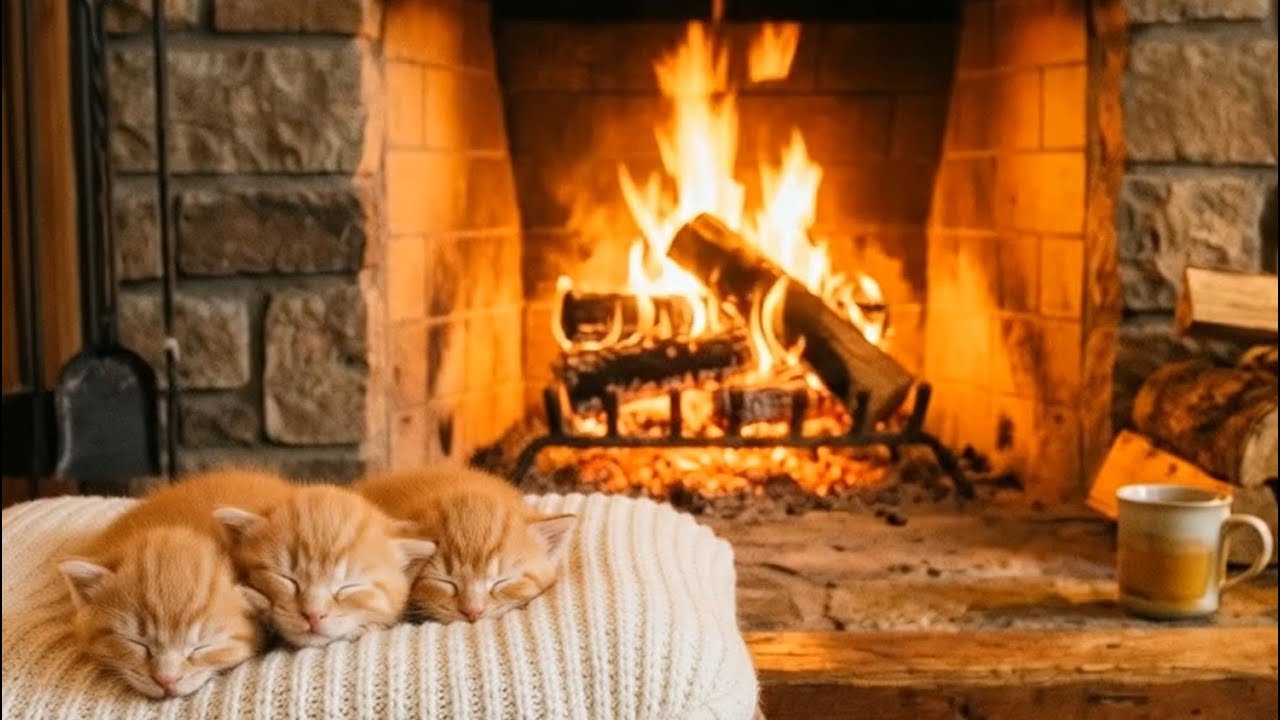 Sleeping Kittens & Warm Fireplace | 9 Hours of Cozy Night Sounds[Relax · Sleep · Calm]