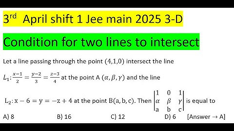 Let a line passing through the point (4,1,0) intersect the line L_1:(x-1)/2=(y-2)/3=(z-3)/4 #pyq