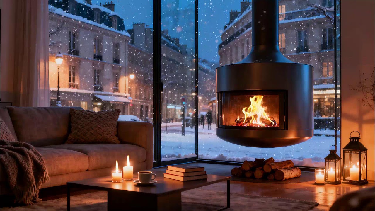 City Covered in Fresh Snow 🔥 Modern Firelight and Evening Peace