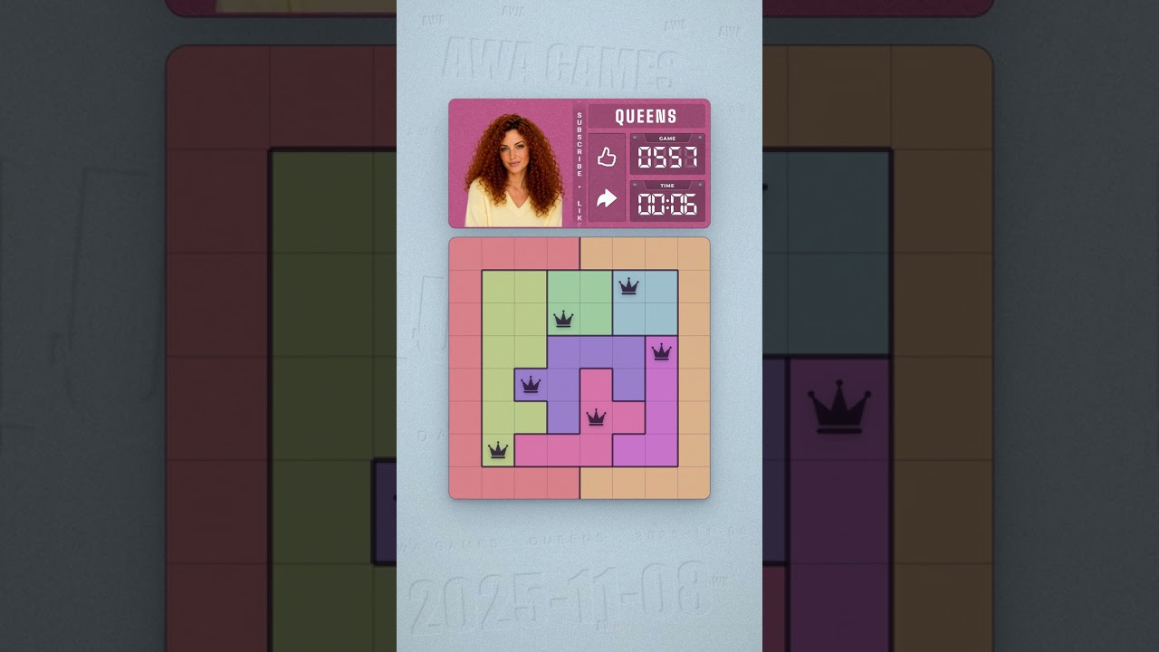 LinkedIn Queens #557 solved board for November 8, 2025, 8x8 grid
