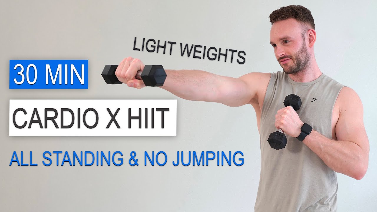 30 MIN CARDIO X HIIT - ALL STANDING & NO JUMPING | With light weights ...