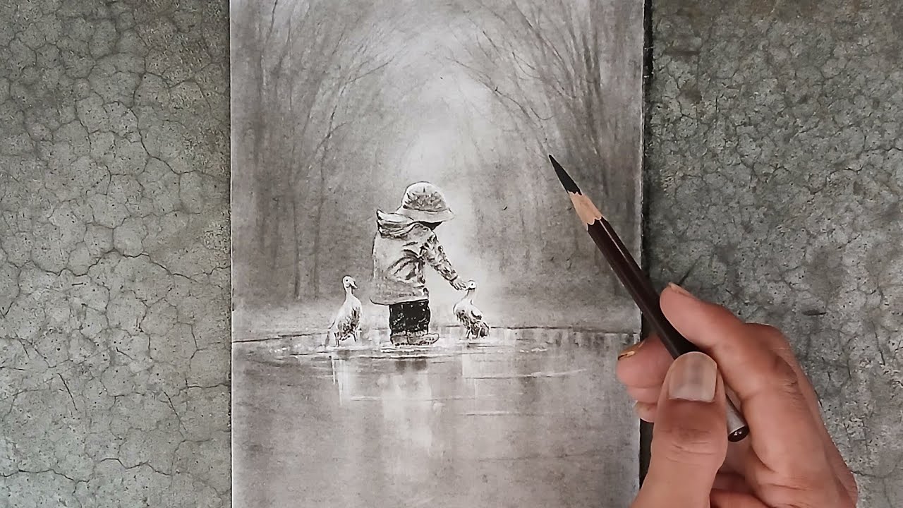 Landscape pencil drawing of two ducks and baby inside a water lake.