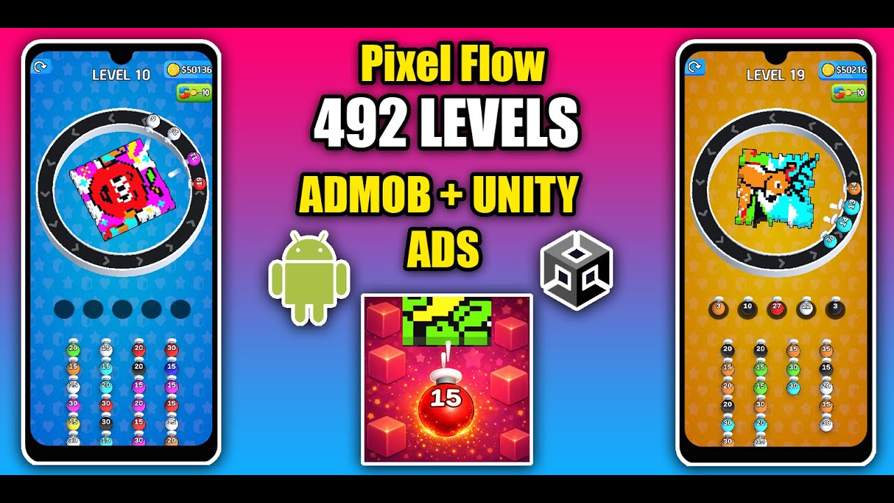 Pixel Flow Match Flow Color Puzzle Game Unity Source Code with Admob and Unity Ads Integrated