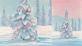 ЗИМНИЙ ПЕЙЗАЖ С ЁЛОЧКОЙ МАСЛОМ | Как нарисовать заснеженную ёлочку | OIL PAINTING TIME LAPSE