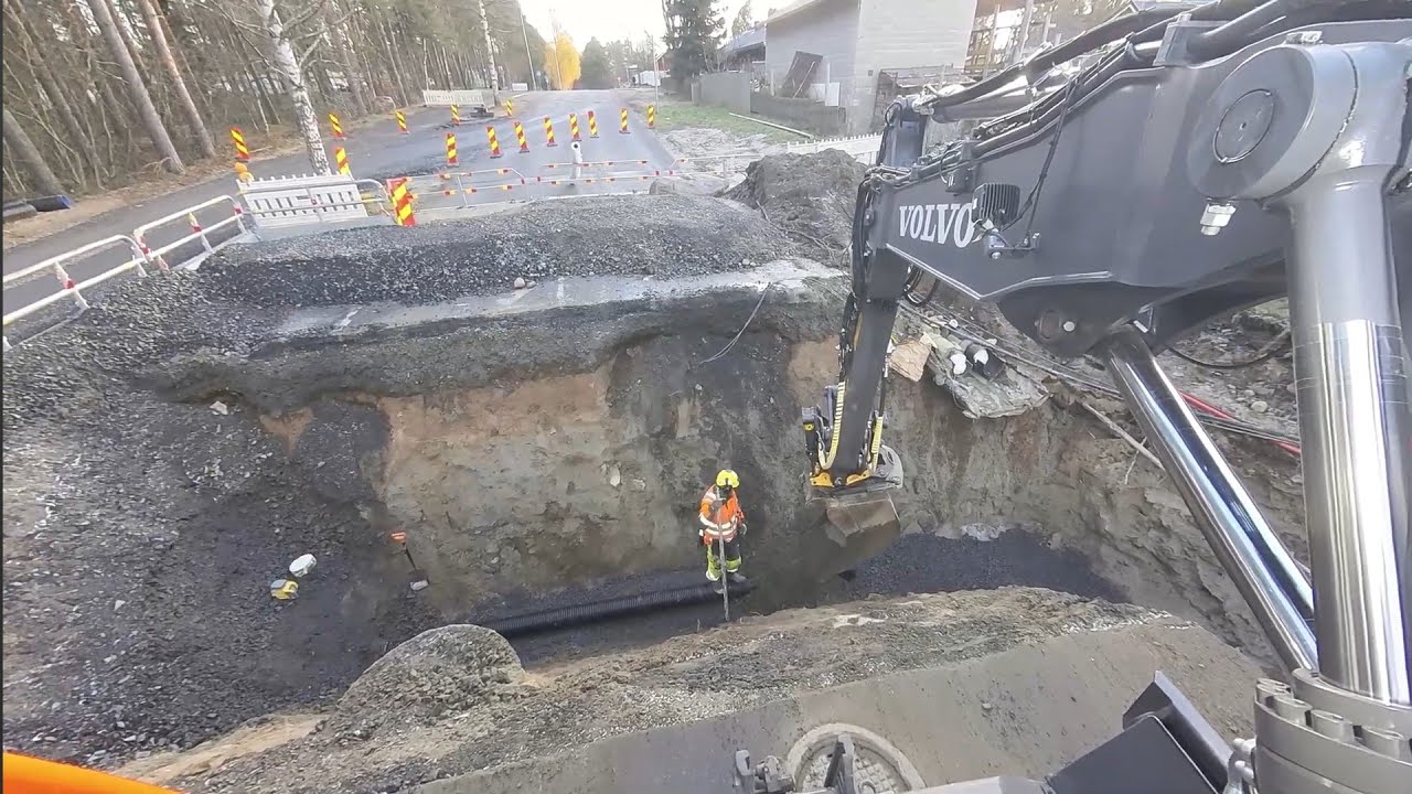 hulevesiputken kaivuuta osa 3. storm water pipe excavation work. part3. volvo ewr150E+engcon+trimble