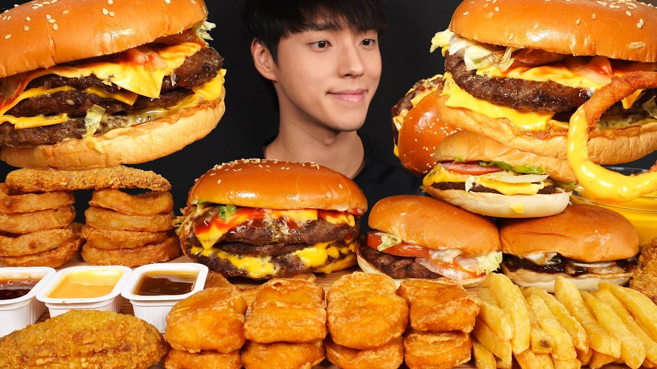 ASMR MUKBANG BURGER KING TRIPLE CHEESE BURGER & WHOPPER JR & CHICKEN NUGGETS & ONION RINGS & FRIES