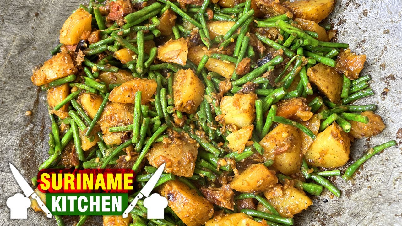 Kouseband Aardappel Drogevis In Masala | Longbeans Potato Smoked Catfish In Curry Masala